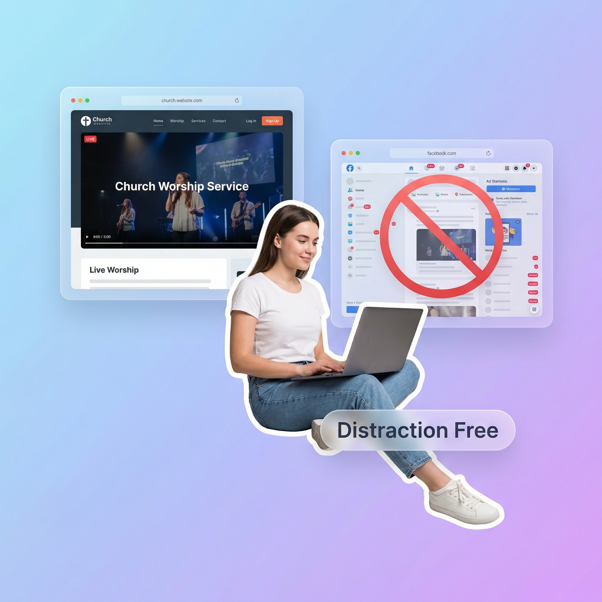 Clean church website video player compared to cluttered Facebook interface with distractions