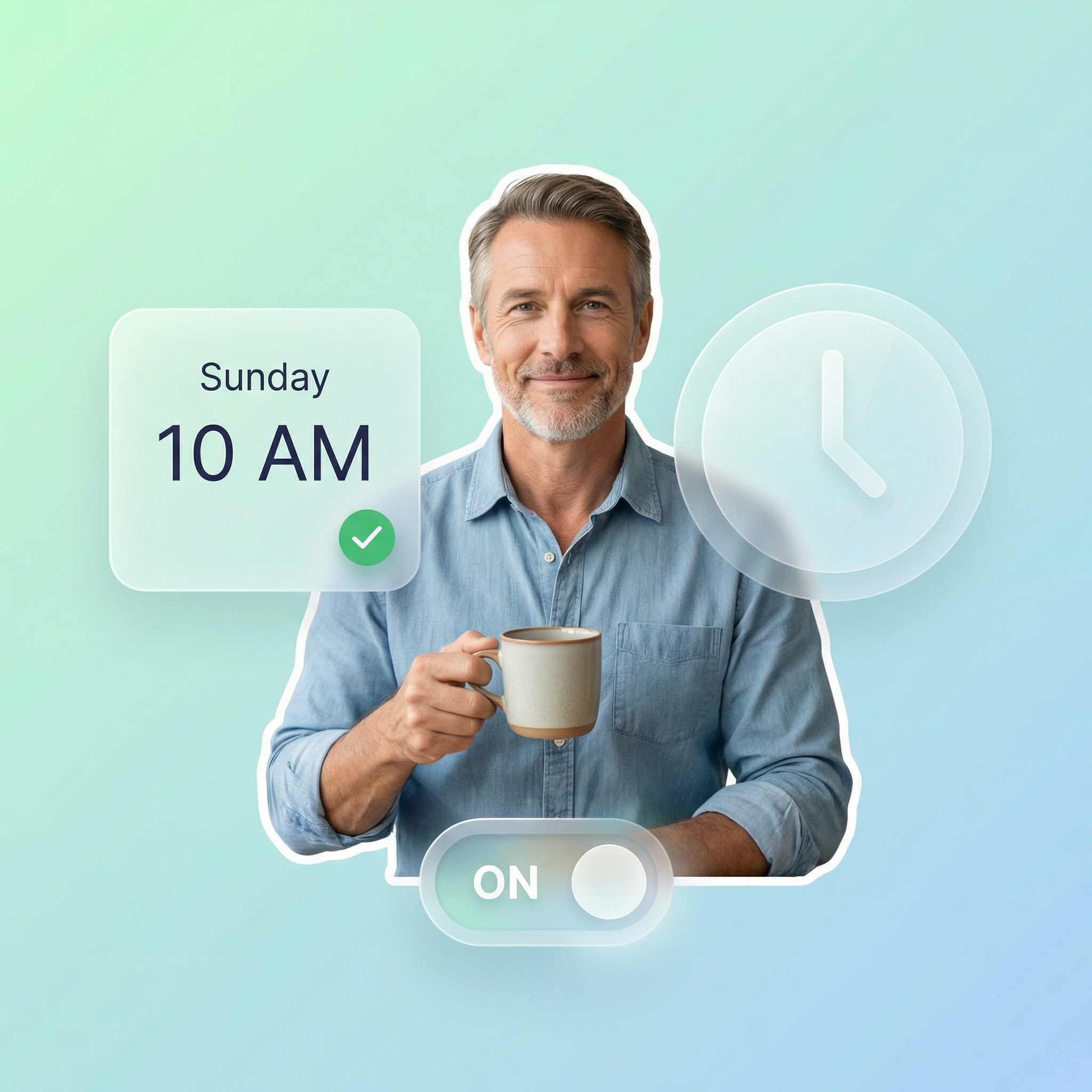 Relaxed church volunteer with coffee while automatic live stream runs every Sunday