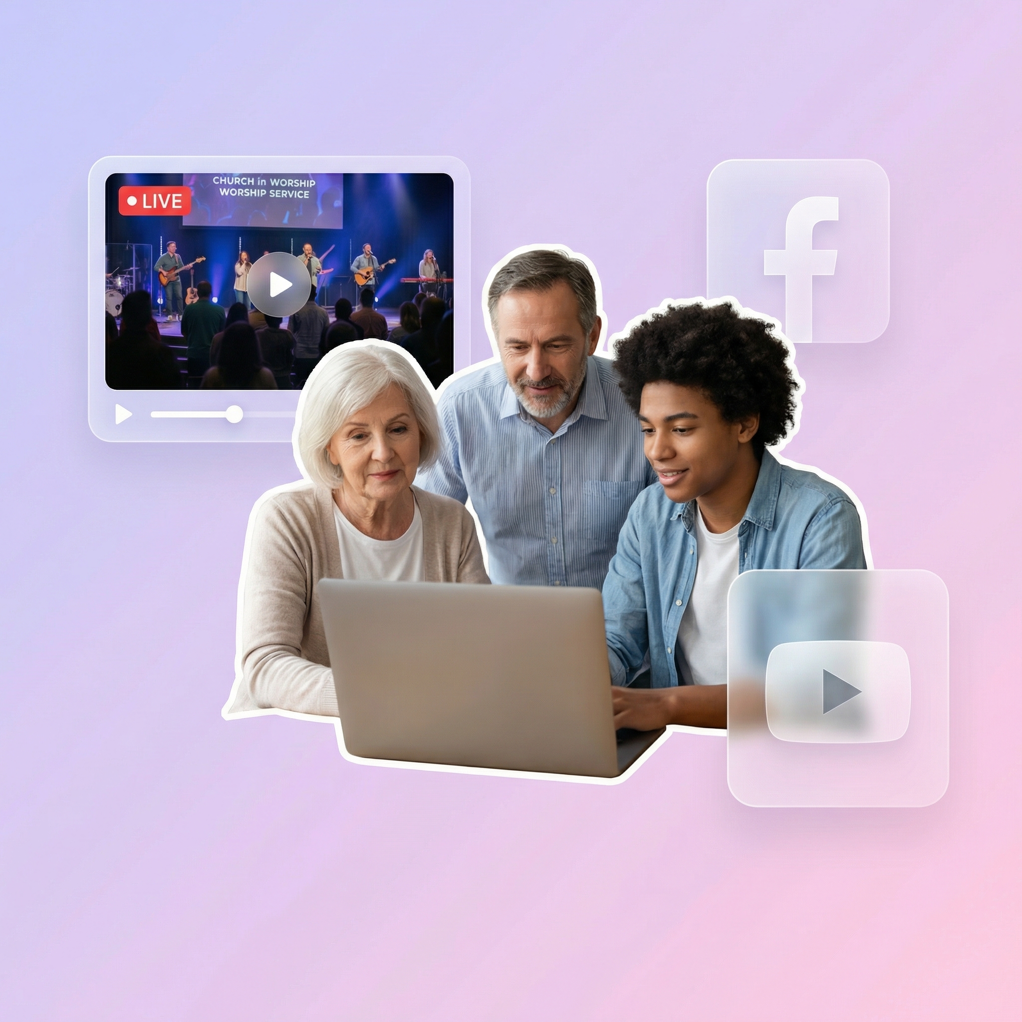 Diverse church members watching a live streamed service on a clean website