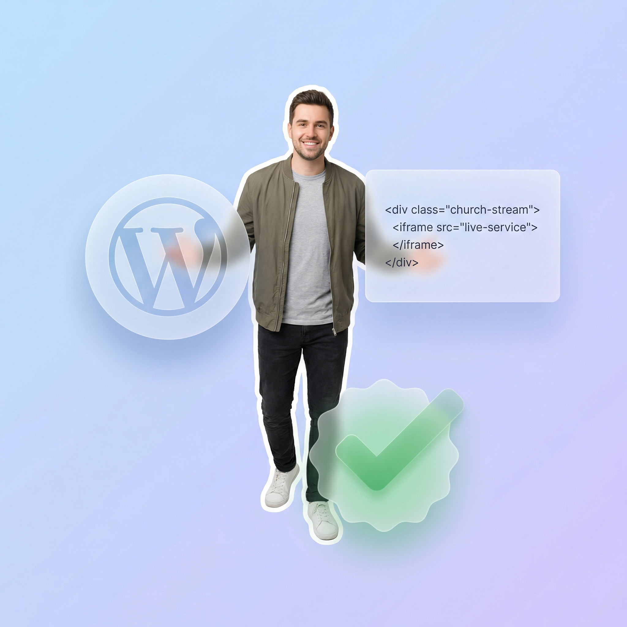 WordPress dashboard showing a simple church live stream embed code with no plugin conflicts
