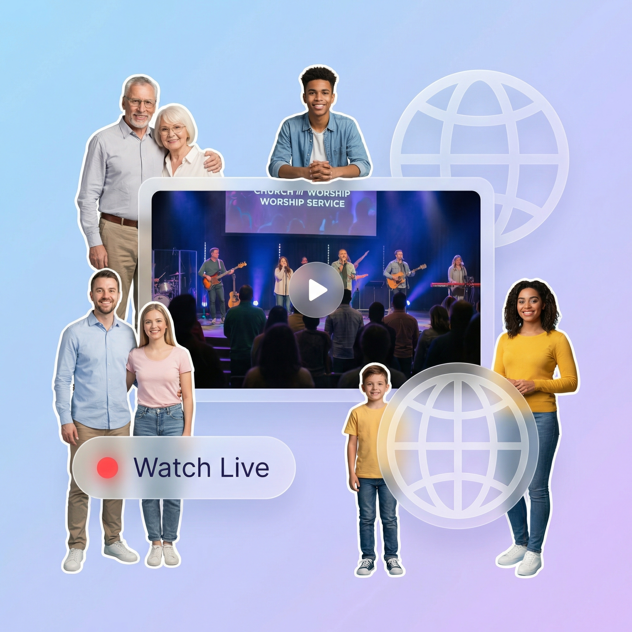 Diverse church congregation members watching a live stream on a clean website