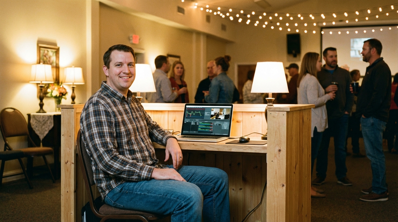 Church volunteer managing live stream from a simple laptop setup