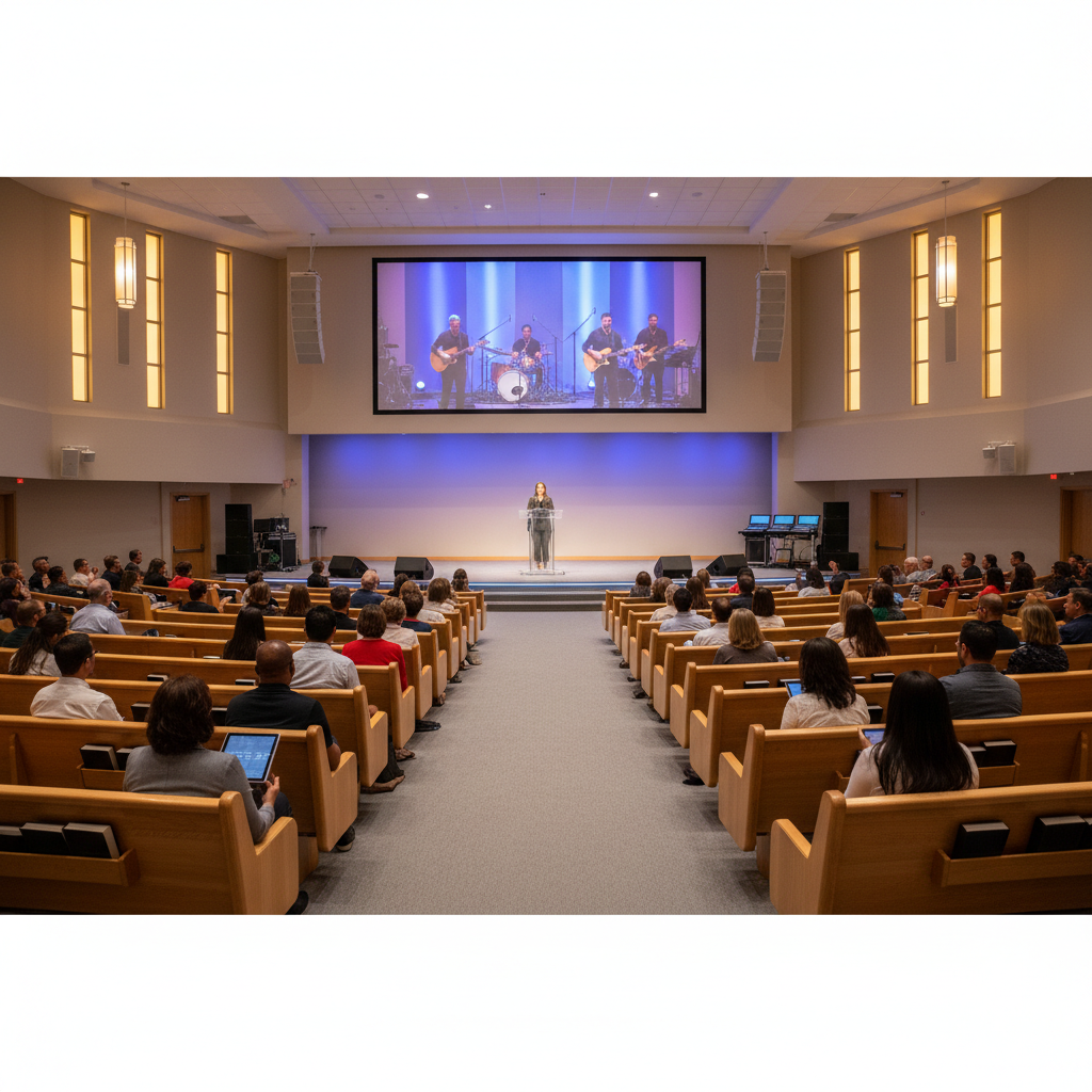 Modern church interior with a large screen showing a live stream in progress