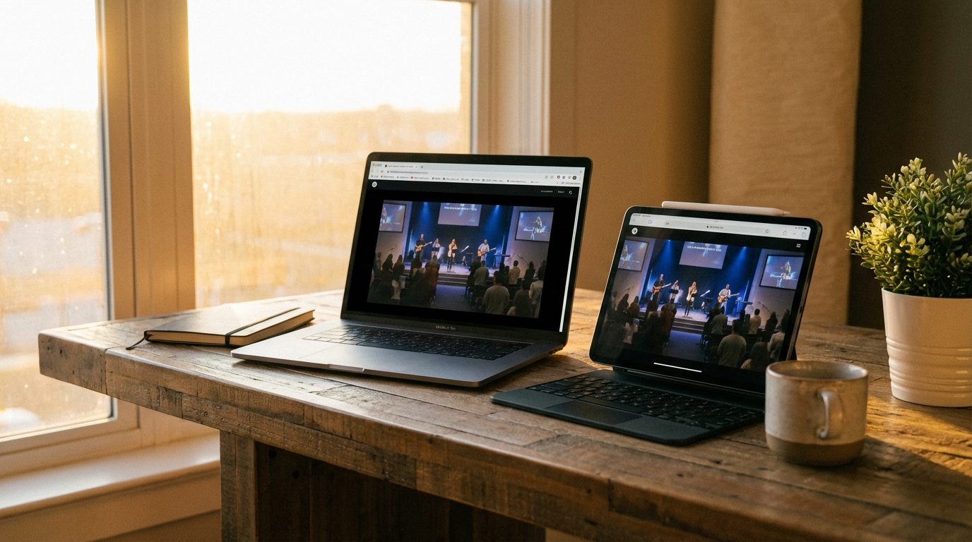 Laptop and tablet displaying a church live stream on a website
