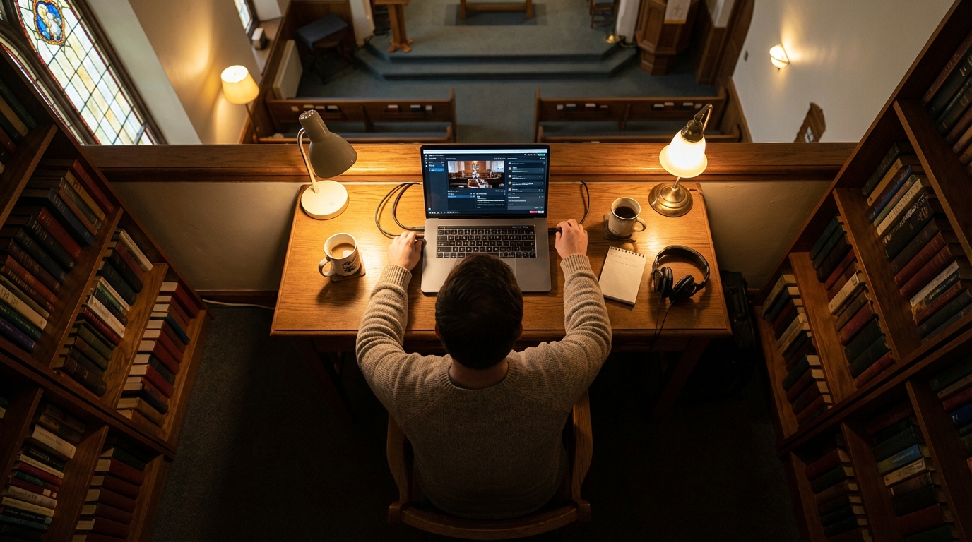 Church tech volunteer setting up a live stream from a desk