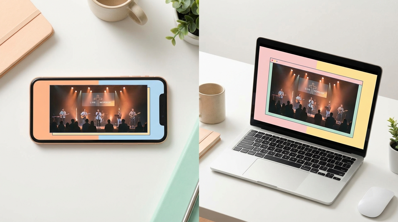 Phone and laptop on a desk both showing a church worship live stream on a website