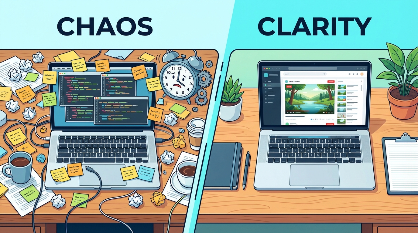 Before and after comparison of manual embed code updates versus automated live stream embedding