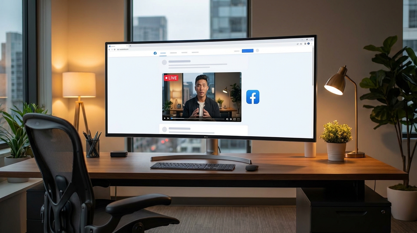 Desktop monitor showing a Facebook Live stream embedded on a modern website