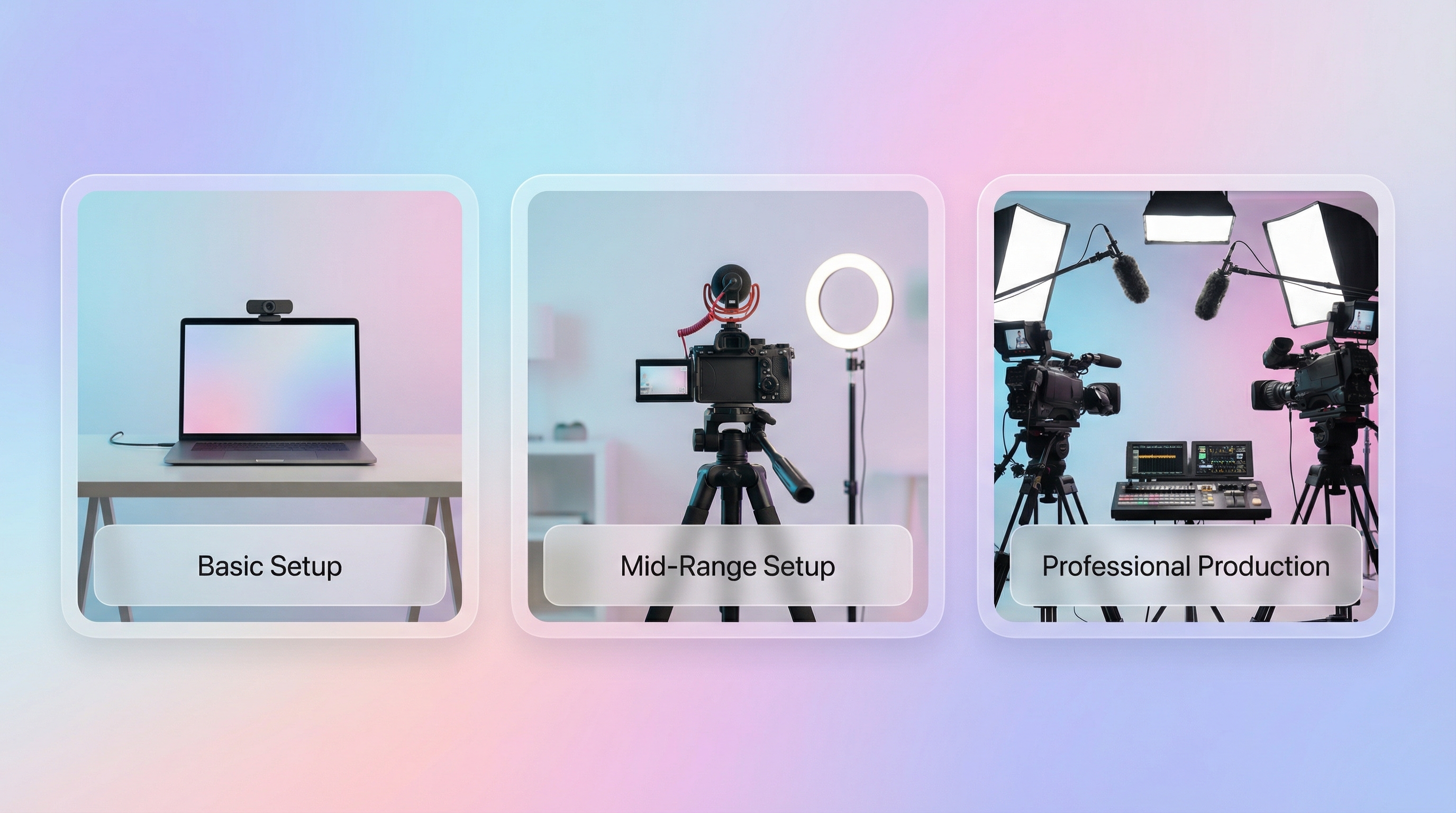 Three church streaming setups compared: simple webcam, mid-range camera, and professional multi-camera production