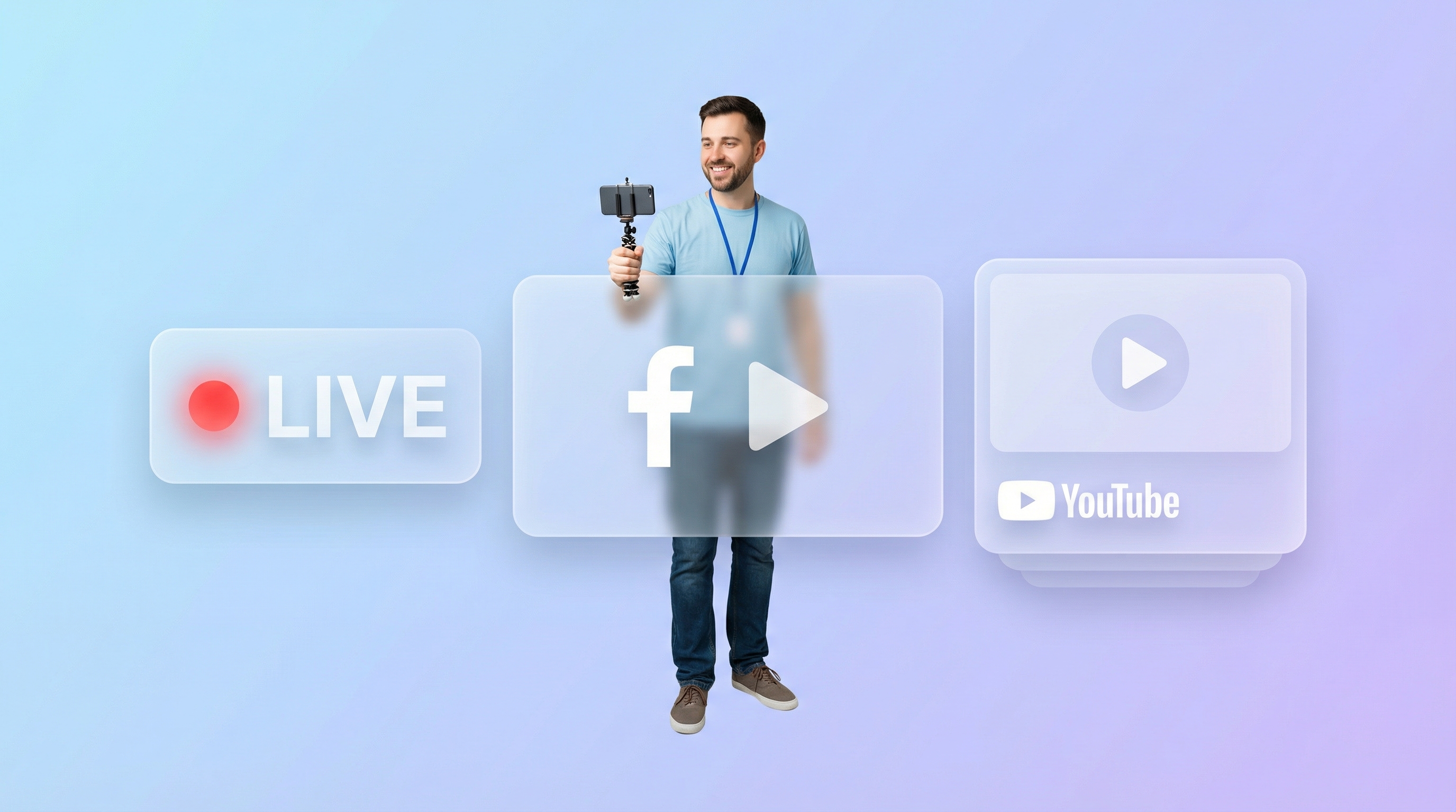 Church volunteer holding a smartphone on a tripod with floating live streaming UI elements