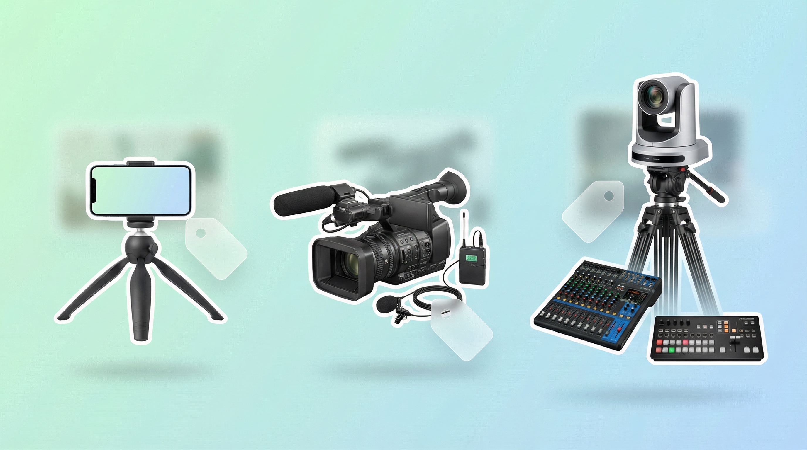 Three tiers of church streaming equipment from budget smartphone to professional PTZ camera setup