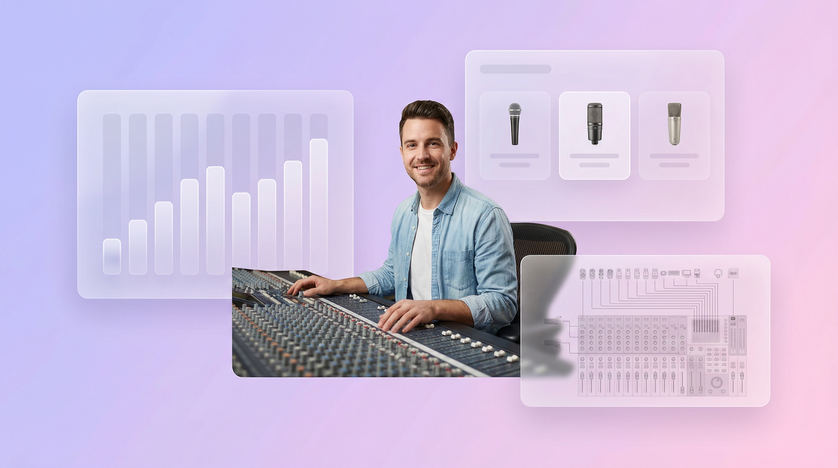 Audio mixing setup for church live streaming with level meters and microphone routing