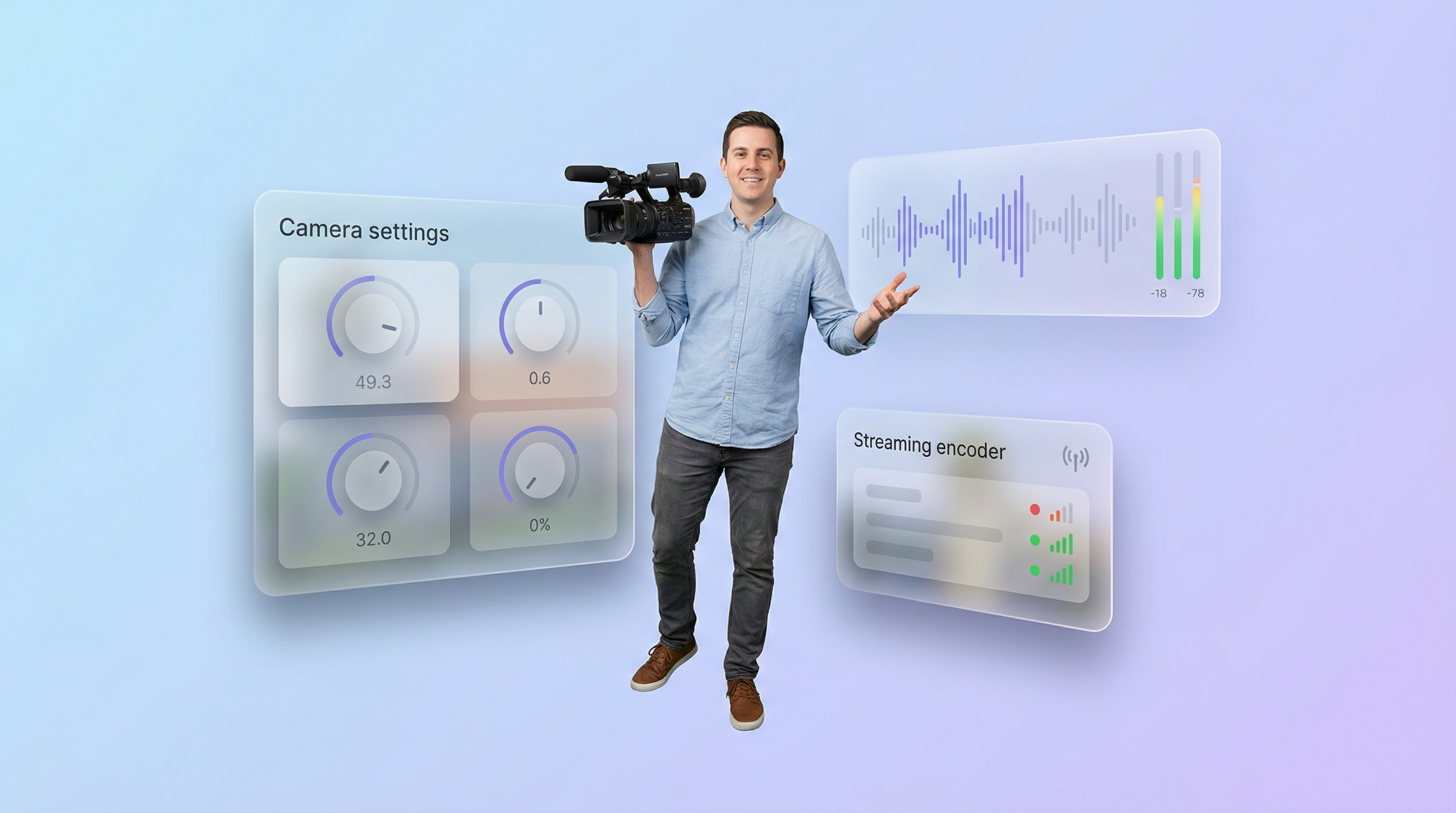 Church tech volunteer holding a camcorder with floating streaming equipment UI elements